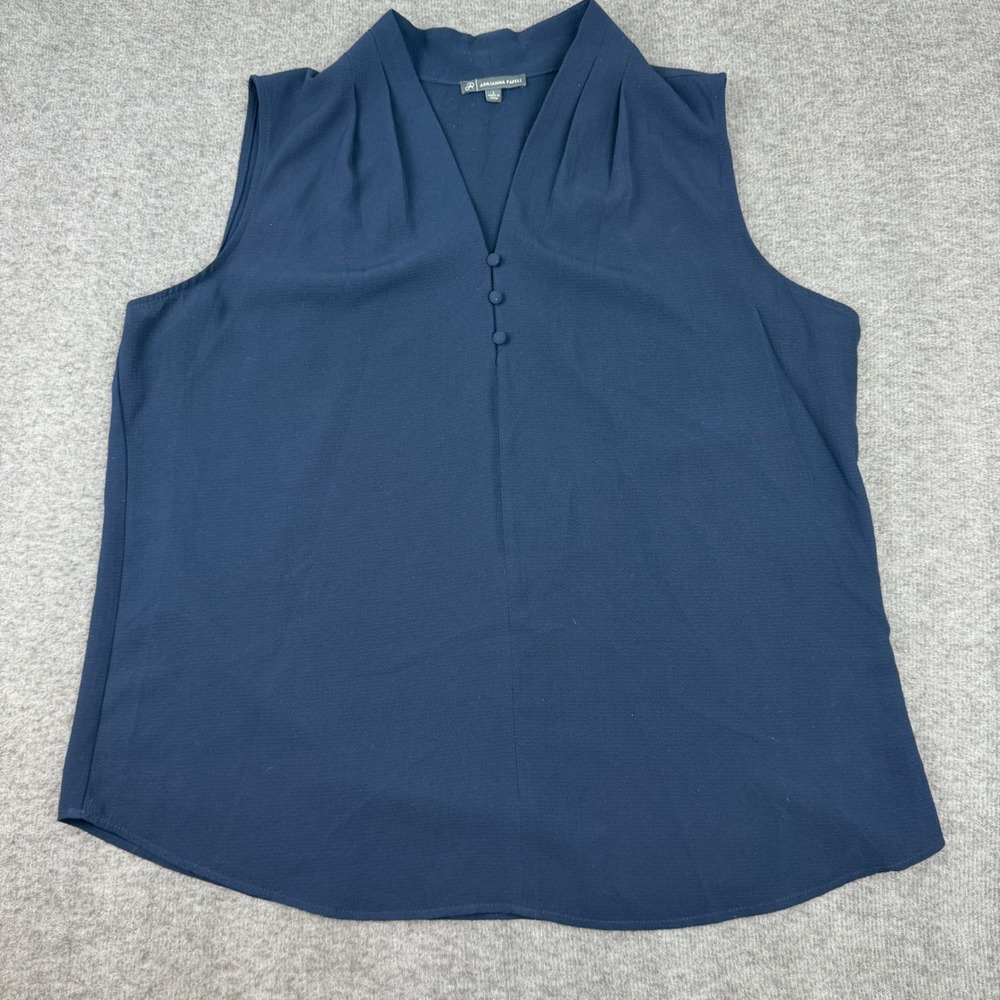Adrianna Papell Blouse Women's Large Navy Blue Sleeveless V-Neck Pleated Crepe‎